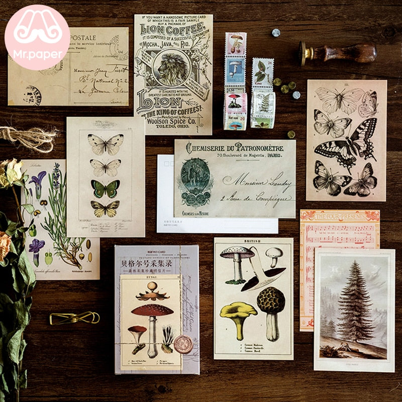 Mr.Paper 30pcs/box Ancient Forest Animals Plants Specimen Postcard Vintage Retro Style Creative Writing Greeting Gift Postcards