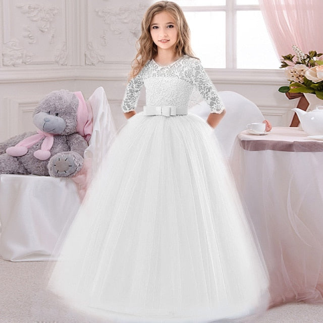 Blumenmädchen-Geburtstagsbankett-Kleid mit Spitzennähten Elegante Mädchen-Schulparty-Dinner-Kleider für Abschlussfeier-Ball
