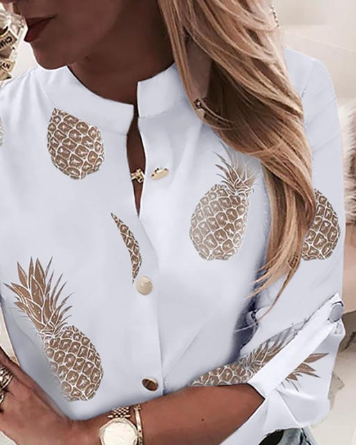 Mode Frauen Langarm Gold Ananas Print Bluse V-Ausschnitt Shirt Büro Damen Party Elegant Streetwear Femininas Plus Size