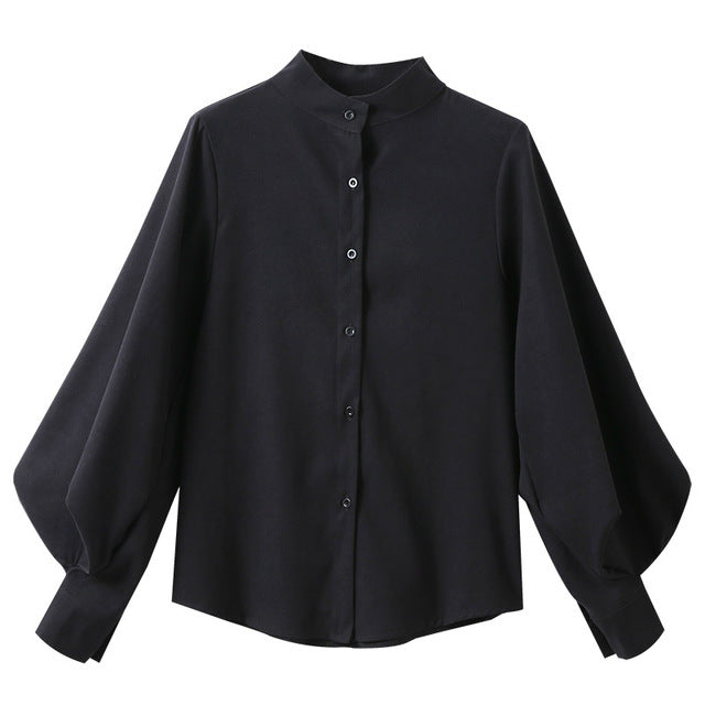 Blusa de manga farol grande para mujer, camisas con cuello levantado de un solo pecho para otoño e invierno, blusa de trabajo de oficina, blusa Vintage sólida, camisas