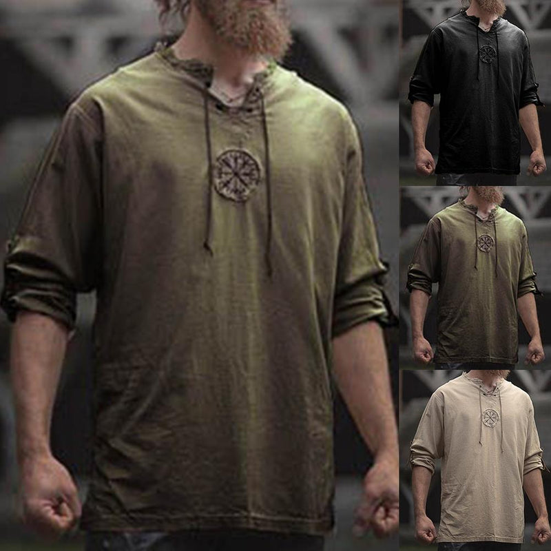 Herren Plus Size Shirt Top Alte Wikinger Stickerei Schnürung V-Ausschnitt Langarm Shirt Top für Herrenbekleidung
