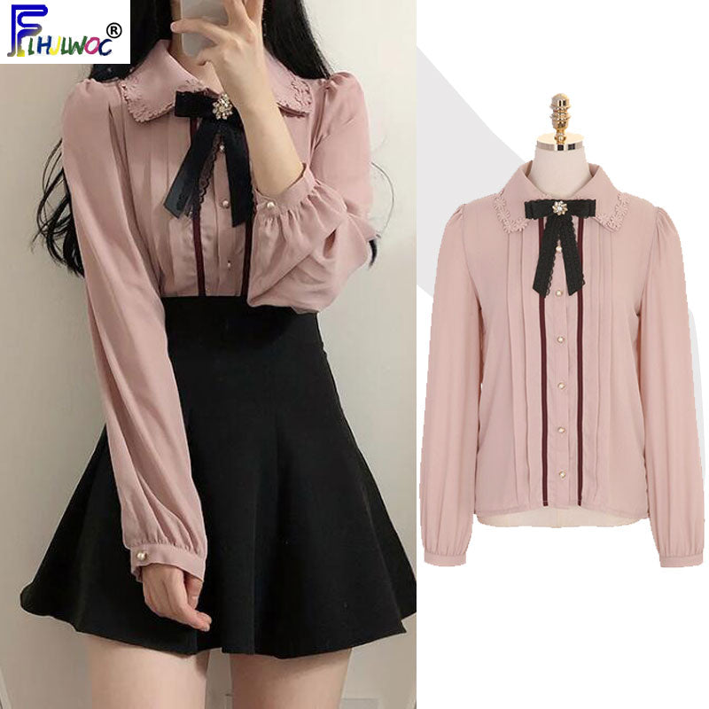 2020 primavera mujeres lindas blusas estilo pijo Vintage japonés Corea diseño botón elegante Formal camisas blusas rosa blanco 12020