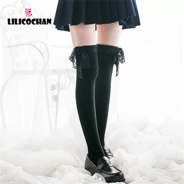 Mujer Anime Cosplay Lolita Maid Girls encaje Top muslo calcetines altos sobre la rodilla pierna calentadores Leggings Sexy algodón media Accesorios