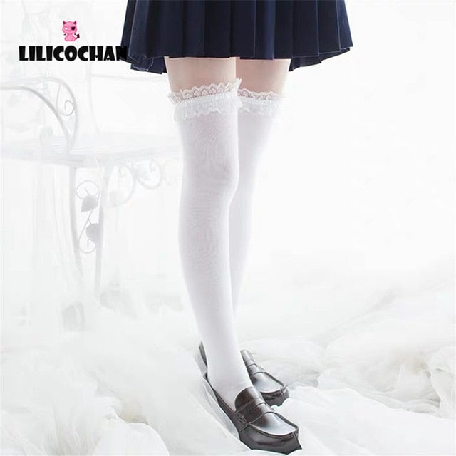 Womens Anime Cosplay Lolita Maid Girls Lace Top Thigh High Socks Over Knee Leg Warmer Leggings Sexy Cotton Stocking Accessories