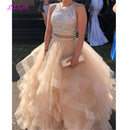 Luxury Crystals Two Pieces Ball Gown Quinceanera Dresses O-Neck Beaded Open Back Pageant Gown Long Tiered Organza Sweet 16 Dress