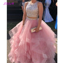 Luxury Crystals Two Pieces Ball Gown Quinceanera Dresses O-Neck Beaded Open Back Pageant Gown Long Tiered Organza Sweet 16 Dress