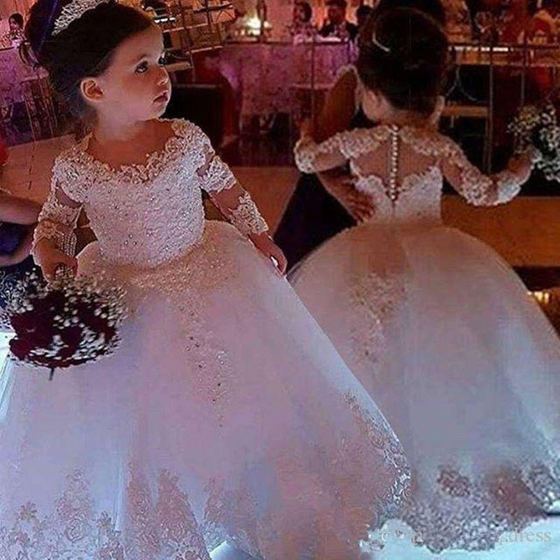 Blumenmädchenkleider für Hochzeiten Tüll Prinzessin Spitze Halbarm Heilige Erstkommunion Kleider Party Festzug Kleid für Mädchen
