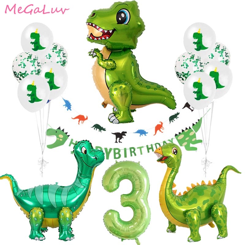 Stehende grüne Dinosaurier-Folienballons zum 3. Geburtstag, Dekoration, Dinosaurier-Party, Ballons, Banner, Dschungel-Tierteil, Zubehör, Globos