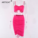 Articat Two Piece Sexy Pleated Party Dress Women Spaghetti Strap Backless Slinny Pencil Christmas Dress Casual Dress Vestidos