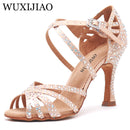 WUXIJIAO Frauen Party Tanzschuhe Satin Glänzende Strasssteine ​​Weicher Boden Lateinische Tanzschuhe Frau Salsa Tanzschuhe heel5CM-10CM