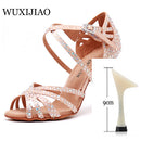 WUXIJIAO Frauen Party Tanzschuhe Satin Glänzende Strasssteine ​​Weicher Boden Lateinische Tanzschuhe Frau Salsa Tanzschuhe heel5CM-10CM