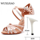 WUXIJIAO Frauen Party Tanzschuhe Satin Glänzende Strasssteine ​​Weicher Boden Lateinische Tanzschuhe Frau Salsa Tanzschuhe heel5CM-10CM