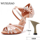 WUXIJIAO Frauen Party Tanzschuhe Satin Glänzende Strasssteine ​​Weicher Boden Lateinische Tanzschuhe Frau Salsa Tanzschuhe heel5CM-10CM
