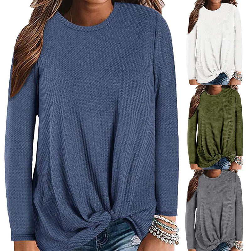 Plus Size Chic Lady Solid Color O Neck Long Sleeve Knotted Knitted Sweater Top