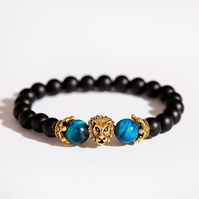 Pulsera clásica con corona y León para Hombre, Pulsera con abalorios hecha a mano con piedra de ónix y ojo de tigre para Mujer, joyería para Hombre