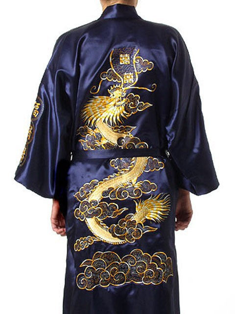 Azul marino chino hombres satén seda bata bordado Kimono bata de baño dragón tamaño SML XL XXL XXXL S0008