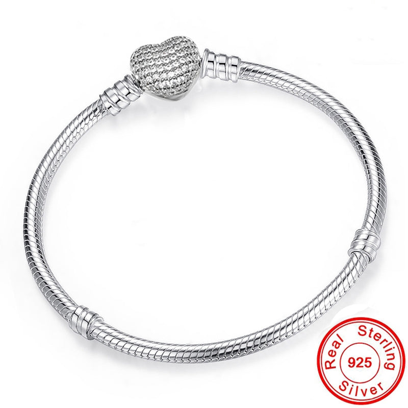 Original 925 Sterling Silver Snake Chain Bracelet Secure Heart Clasp Beads Charms Bracelet For Women DIY Jewelry Making