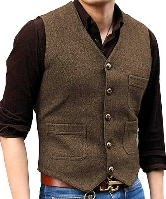 Traje de hombre Formal cuello en V lana espiga Tweed chaleco informal Formal de negocios chaleco padrino para boda verde/negro/marrón