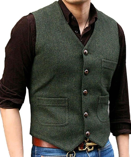 Traje de hombre Formal cuello en V lana espiga Tweed chaleco informal Formal de negocios chaleco padrino para boda verde/negro/marrón