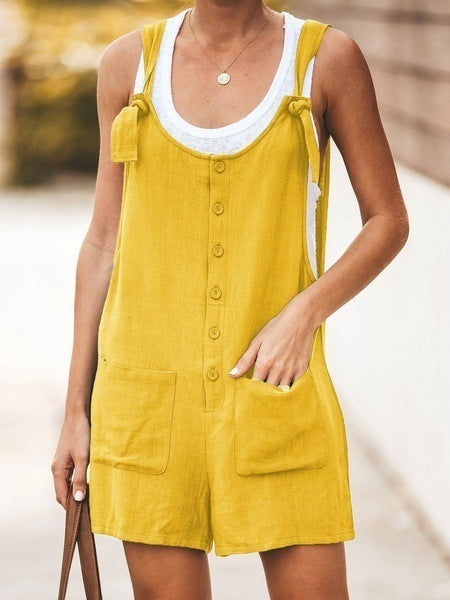 Sommer Frauen Ärmellose Overalls Elegante Overalls Strampler Lässige Vintage Damen Kurze Hosen Baumwolle und Leinen Hose mit weitem Bein