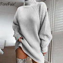 Forefair Rollkragen Langarm Pullover Kleid Frauen Herbst Winter Lose Tunika Gestrickte Lässige Rosa Graue Kleidung Feste Kleider