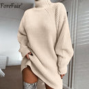 Forefair Rollkragen Langarm Pullover Kleid Frauen Herbst Winter Lose Tunika Gestrickte Lässige Rosa Graue Kleidung Feste Kleider