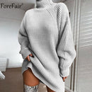 Forefair Rollkragen Langarm Pullover Kleid Frauen Herbst Winter Lose Tunika Gestrickte Lässige Rosa Graue Kleidung Feste Kleider