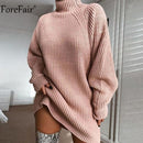Forefair Rollkragen Langarm Pullover Kleid Frauen Herbst Winter Lose Tunika Gestrickte Lässige Rosa Graue Kleidung Feste Kleider