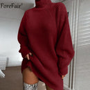 Forefair Rollkragen Langarm Pullover Kleid Frauen Herbst Winter Lose Tunika Gestrickte Lässige Rosa Graue Kleidung Feste Kleider