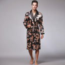 Herren Seide Sommer und Herbst Satin Kimono Bademantel Golden Dragon Knielang Langarm Schwarz Bademantel Morgenmantel Nachtwäsche
