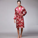 Herren Seide Sommer und Herbst Satin Kimono Bademantel Golden Dragon Knielang Langarm Schwarz Bademantel Morgenmantel Nachtwäsche