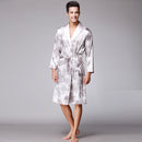 Herren Seide Sommer und Herbst Satin Kimono Bademantel Golden Dragon Knielang Langarm Schwarz Bademantel Morgenmantel Nachtwäsche