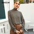 SHEIN Multicolor Rüschen geraffte High Neck Checkerboard Bluse Top Damen Frühling Laterne Ärmel Bürodame Plaid Elegante Blusen