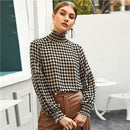 SHEIN Multicolor Rüschen geraffte High Neck Checkerboard Bluse Top Damen Frühling Laterne Ärmel Bürodame Plaid Elegante Blusen
