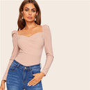 SHEIN Sexy Puffärmel mit Reißverschluss hinten, schmal geschnittene Wickelbluse mit Herzausschnitt, Damen, festes Oberteil, Frühlingsclub, High Street-Blusen