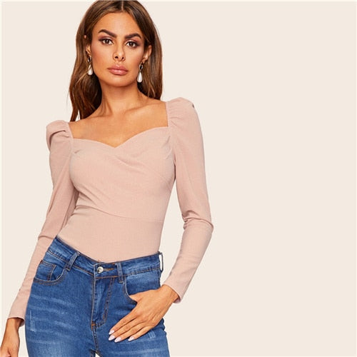 SHEIN Sexy Zip Back Puff Sleeve Slim Fitted Wrap Sweetheart Neck Blouse Women Solid Top Spring Club High Street Blouses
