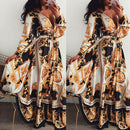 Frauen Boho Wrap Sommer Langes Kleid Urlaub Maxi Lose Sommerkleid Blumendruck V-Ausschnitt Langarm Elegante Kleider Cocktailparty