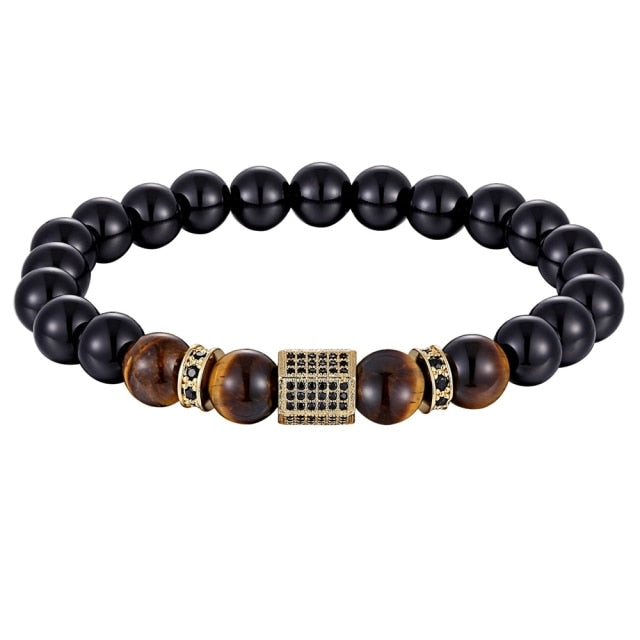 XQNI Matter Onyx Stein &amp; Tigerauge Kombinationsnähte mit Kubikzirkon Handschmuck Perlen Armband Elastisches Stretch Herrenarmband