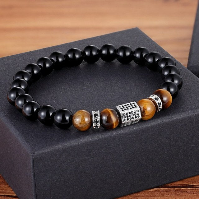 XQNI, piedra de ónix mate y ojo de tigre, combinación de costura con circonita cúbica, joyería de mano, pulsera de cuentas, pulsera elástica para hombres