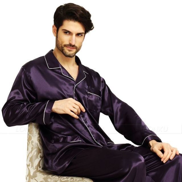 Herren-Schlafanzug aus Seidensatin Schlafanzug-Set Nachtwäsche-Set Loungewear US S, M, L, XL, XXL, XXXL, 4XL__Passend für alle Jahreszeiten