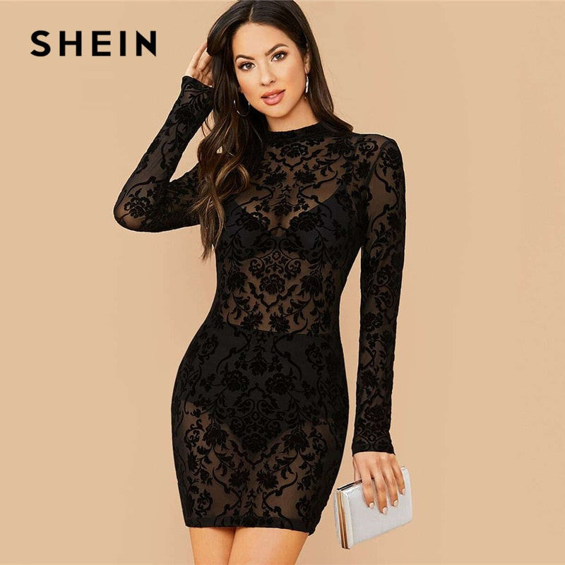 SHEIN Schwarzes, figurbetontes Kleid mit Stehkragen und Blumendruck, ohne BH, Damen, Frühling, langärmlig, schiere, glamouröse Minikleider