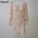 Yojoceli sexy gerafftes Kleid mit Blumendruck, Damen, quadratischer Ausschnitt, lange Ärmel, dünnes Minikleid, Chiffonkleid