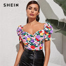 SHEIN Multicolor Sweetheart Neck Puff Sleeve Floral Top Slim Fit Wickelbluse Sommer Elegant Kurzarm Damen Tops und Blusen