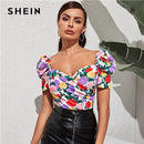 SHEIN Multicolor Sweetheart Neck Puff Sleeve Floral Top Slim Fit Wickelbluse Sommer Elegant Kurzarm Damen Tops und Blusen