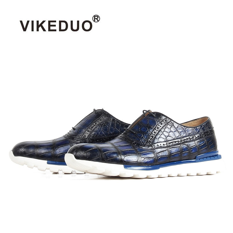 VIKEDUO 2020 Crocodile Leather Sneakers Patina Handmade Blue Mans Footwear Casual Sports Herrenschuhe Rubber Sole Luxury Zapato