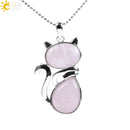 CSJA Reiki Naturstein Halsketten Rosa Quarz Anhänger für Frauen Mädchen Nette Katze Form Rock Schwarz Onyx Perlen Kette Schmuck F066