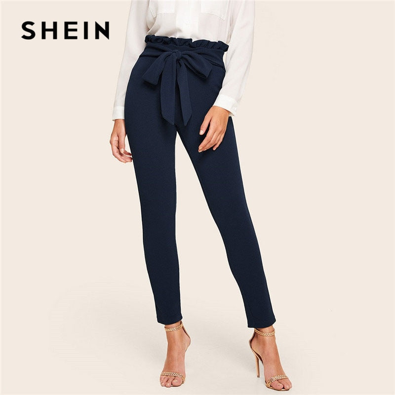 SHEIN elegante Paperbag cintura con cinturón detalle sólido pantalones de cintura alta mujeres Skinny volante Trim cintura elástica primavera verano Pantalones