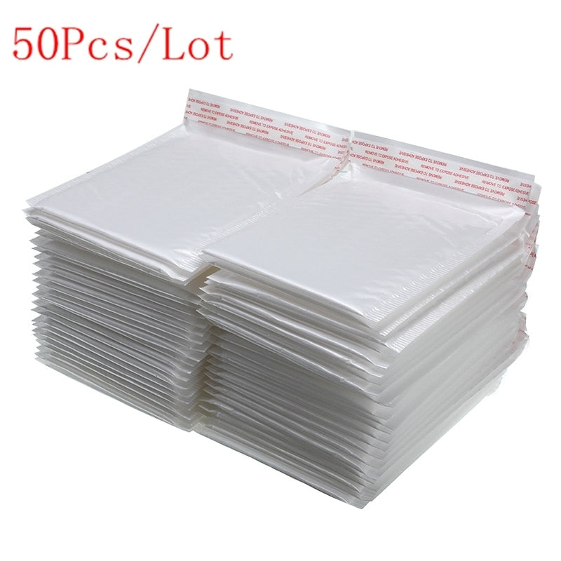 50 unids/lote de bolsas de sobres de espuma blanca, sobres de envío acolchados con sello automático, con bolsa de correo de burbujas, bolsa de paquetes de envío