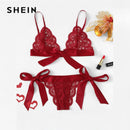 SHEIN Sexy Dessous-Set aus Spitze, heiße Damen-Nachtwäsche, V-Ausschnitt, ärmellose Spitze, Jakobsmuschel, Bralette und Pantie, intime Dessous
