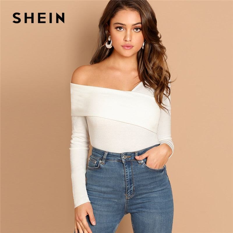 SHEIN blanco asimétrico cuello sólido camiseta Rib-Knit Slim Fit fiesta Casual pulóver camisa de manga larga 2018 otoño mujer camiseta Top